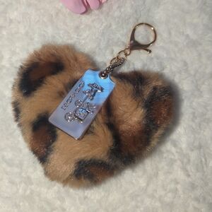 Coach Gold Metal Hangtag With Leopard Print Furry Heart Keychain Bag Charm Only